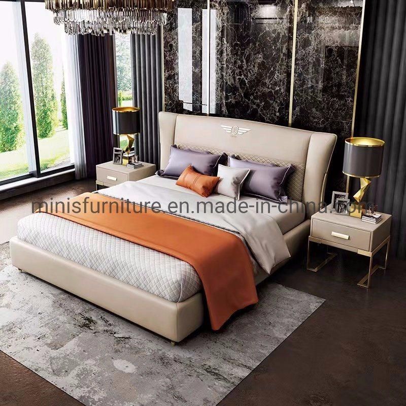 (MN-MB112) Modern Good Bedroom Furniture Grey Leather Bed with Bedside Tables and Bench