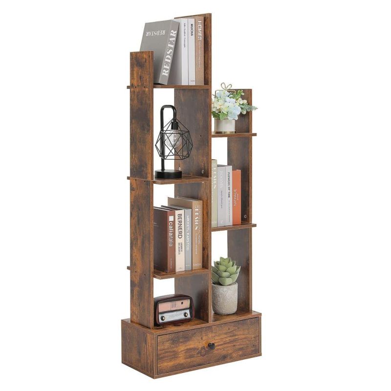 Bookcase with 1 Large Drawer, Tree-Shaped Bookshelf with 7 Storage Shelves, Open Standing Ladder Shelf, Bookshelf for Bedroom, Living Room, Office, Rustic Brown