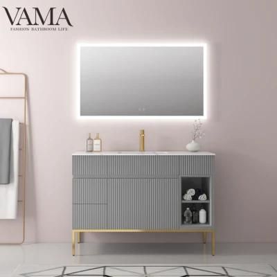Vama 1200mm Luxury Ripple Veneer Sintered Stone Counter Top Brushed Gold Stainless Steel Legs Bathroom Furniture with LED Mirror A30712