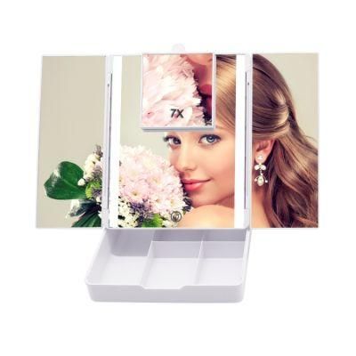 Organizer Box Tri-Fold Makeup Mirror with LED Light for Vanity Girl