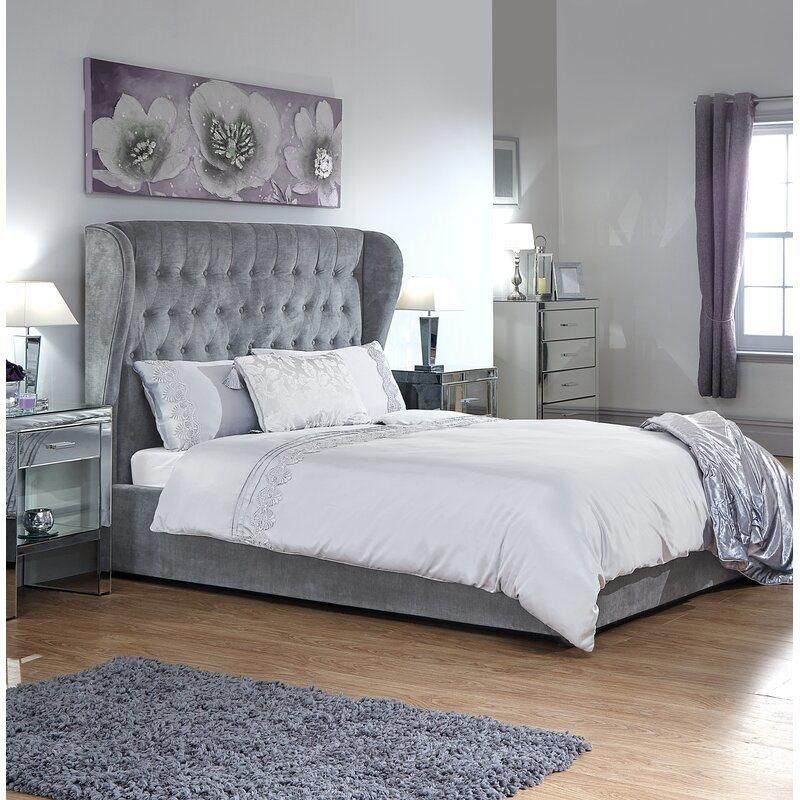 King Size Bed Frame Farm House Style Single and Queen Bed Frame High Headboard Velour with Storage Drawers