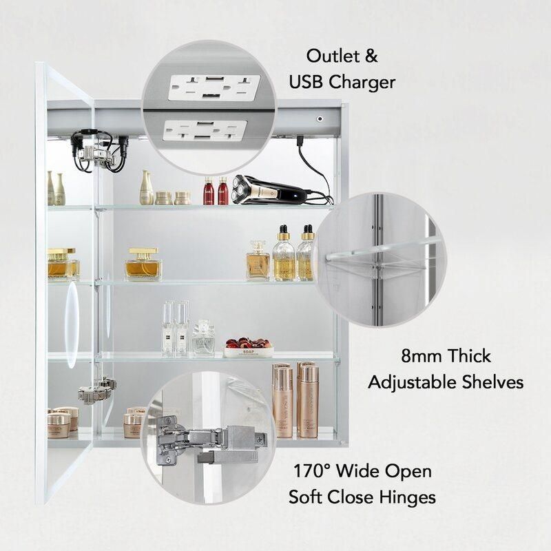 Frameless Double Doors Adjustable Tempered Glass Shelves Mirror Cabinet with Electrical Outlets