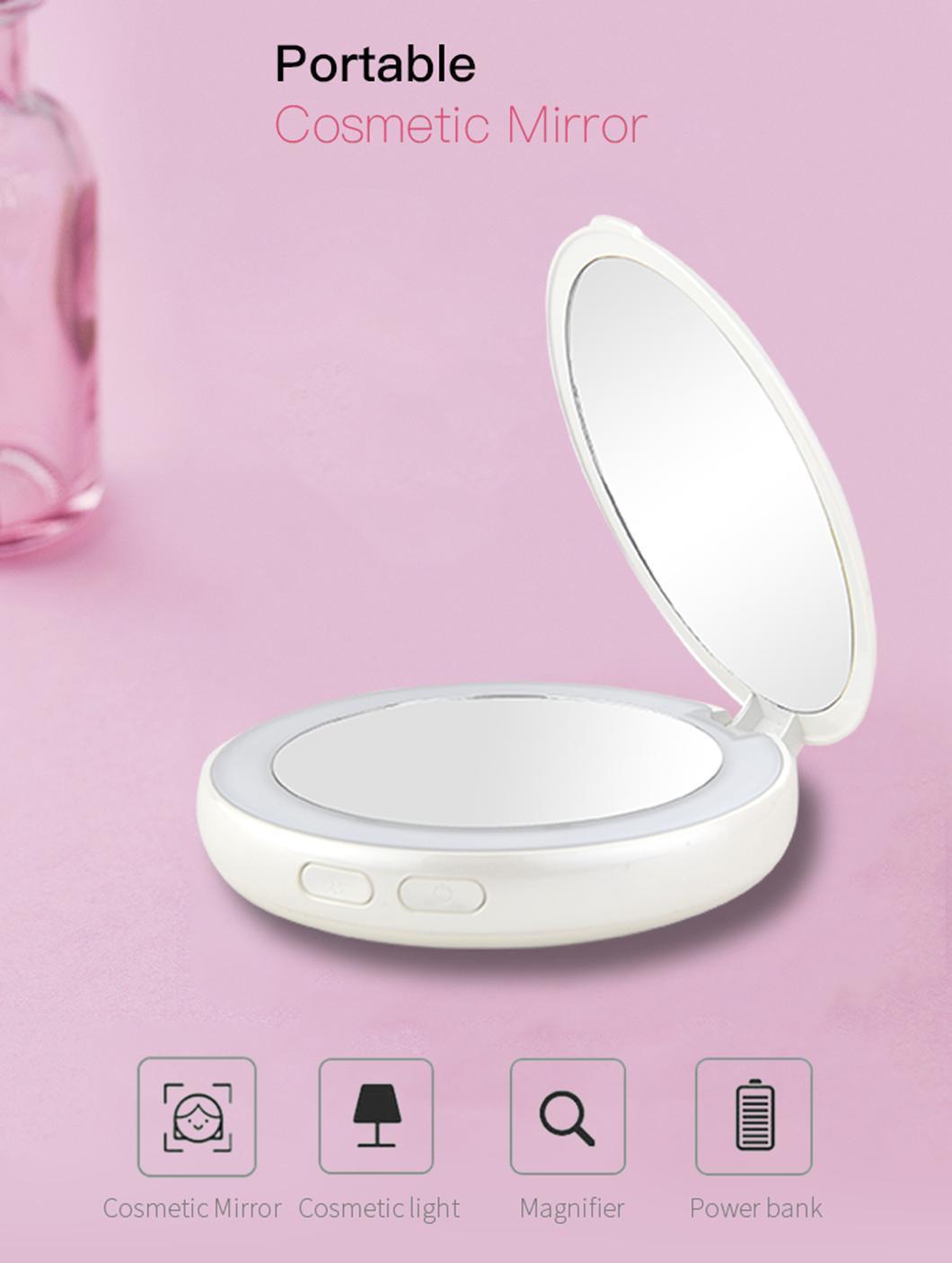 Pritech Portable Hand Pocket Power Bank Makeup Cosmetic Mirror 3000mAh with LED Light