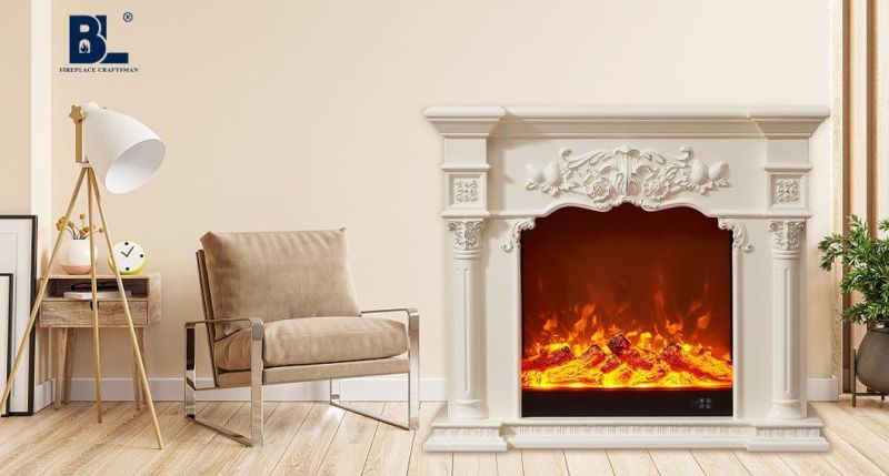 White Modern Freestanding Solid Wooden Resin Carving Home Electric Fireplace Corner Mantel Dining/Bedroom/Hotel Living Room Furniture for Decoration