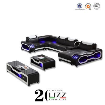 Remote Control LED European Modern Office /Living Room Genuine Leather U Shape Sectional Sofa Furniture Set Couch Sleeper