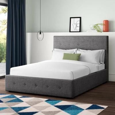 Grey Fabric Color Hight Headboard Button Storage Fabric Upholstered Bed