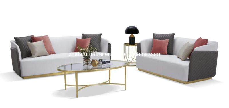 Golden Stainless Steel Base Quilted Fabric Sofa
