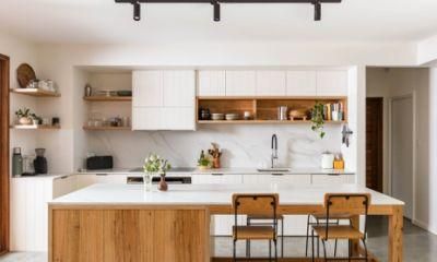 White Lacquer Beadboard Design L-Shaped Open Shelving Undersink Rta Kitchen Cabinets