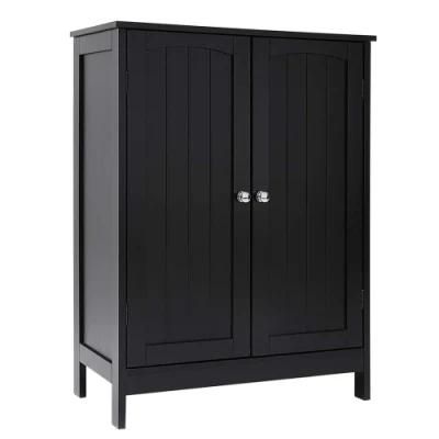 Antique Furniture Black Bathroom Floor Wooden Storage Cabinet Living Room Furniture with 2 Adjustable Shelf
