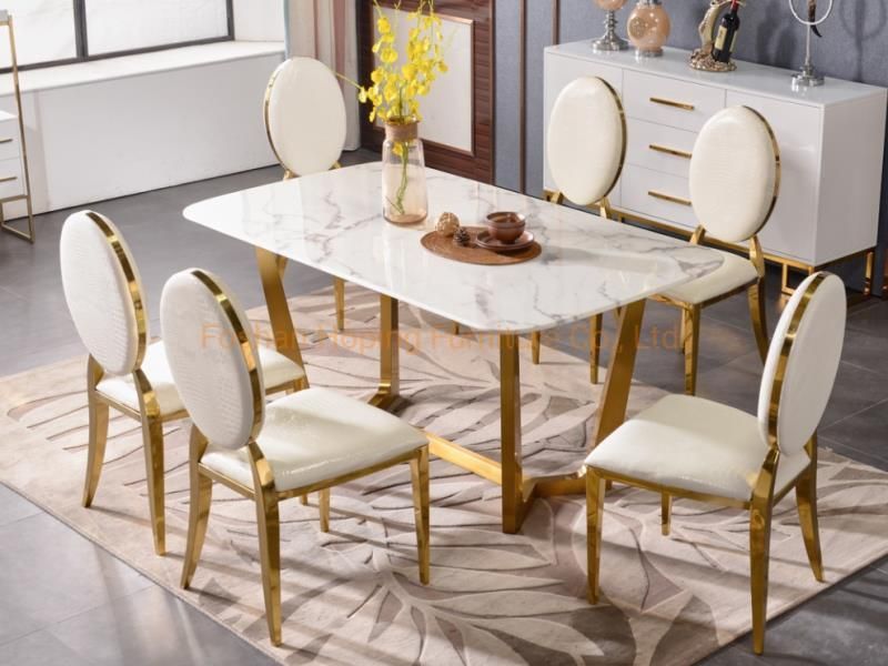 Chinese Wholesale Hotel Restaurant Furniture Designed Stainless Steel Dining Chair Coated Golden Color Table Chair Set