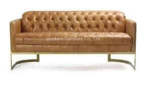 Custom Tufted Back Top Grain Leather Sofa with Brass Base
