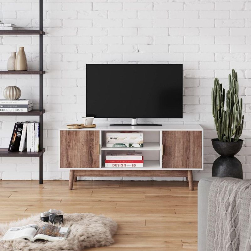 TV Stand Media Console with Wooden Frame and Cabinet Doors, White/Rustic Oak
