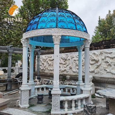 Modern White Column Marble Gazebo Stone Pavilion with blue Top for Park