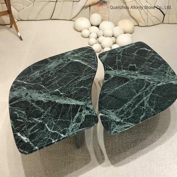Modern Polished Verde Alpi Green Marble Irregular Stone Shape Design Coffee Table for Hotel and Home