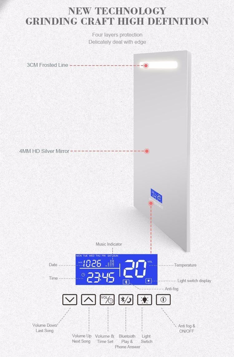 Anti Fog LED Bathroom Smart Mirror with Bluetooth Speaker Time Temperature Display