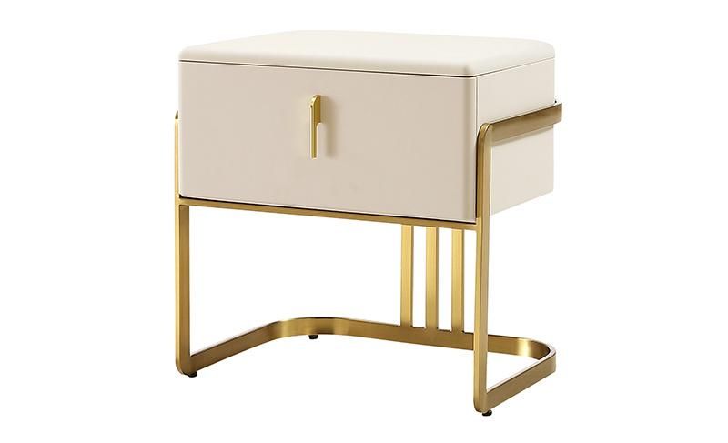 Luxury Home Furniture Modern Hotel Bedroom Bedside Table Villa Leather Upholstered Gold Stainless Steel Leg Square Nightstand Cabinet for Apartment Project