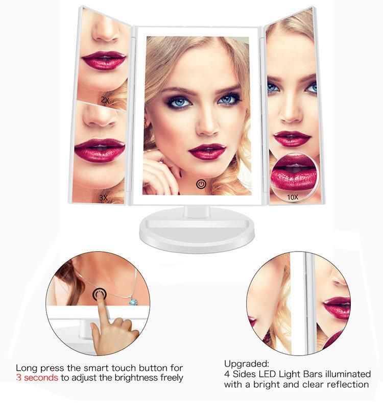 Hot Selling LED Products Trifold LED Makeup Mirror with 2X 3X Magnifying Mirror Wholesale Lighted Makeup Mirror