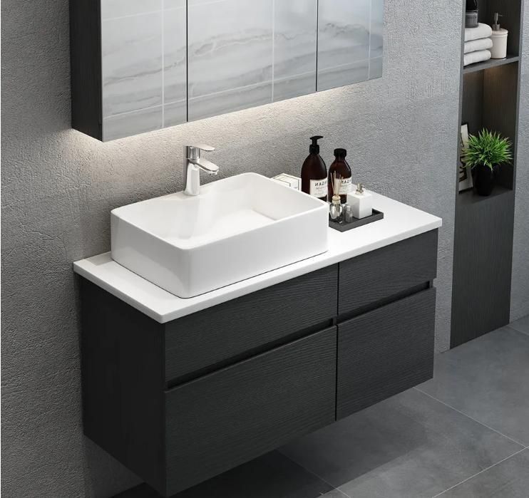 36" Black Floating Bathroom Vanity Set Drop-in Ceramic Sink with Cabinet
