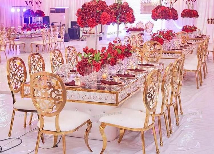 Luxury Gold Steel Frame Flower Decortaion Back Wedding Dining Chair