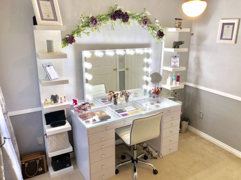 Hot Sale White Color Corner Hollywood Modern Makeup Table with Mirror Wholesale