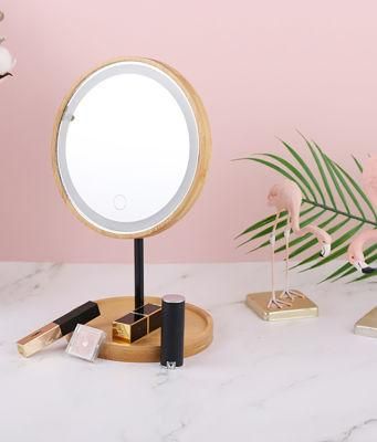 2 in 1 Bamboo Lighted Makeup Mirror with Lights and Storage Desk Mirror Touch Screen