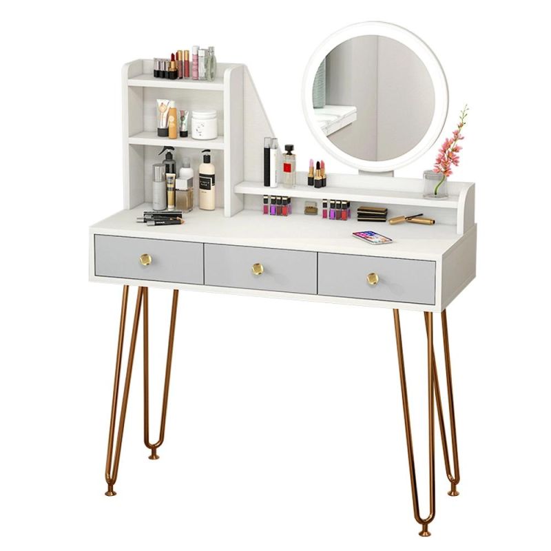 Bedroom Furniture with LED Light Dressing Table Mirror with Metal Legs Modern Dresser with Mirror Drawer Dresser