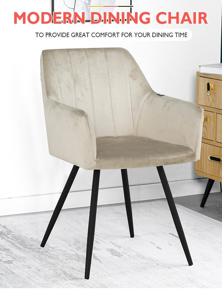Italian Luxury Modern Designer Beige Velvet Fabric Dining Chair with Armrests