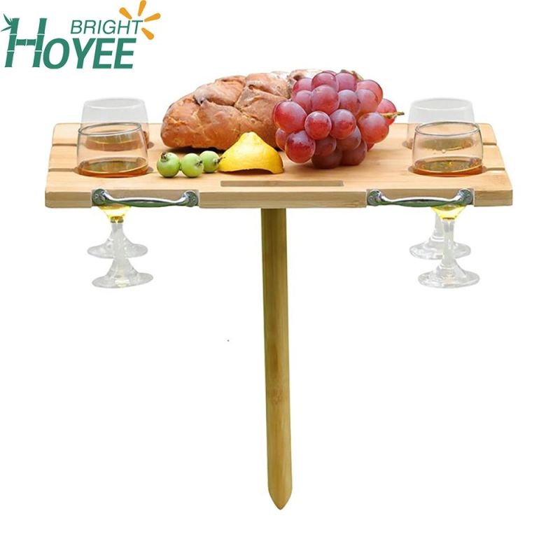 Portable Bamboo Wine Table for Picnic, Foldable Snacks Cheese Board