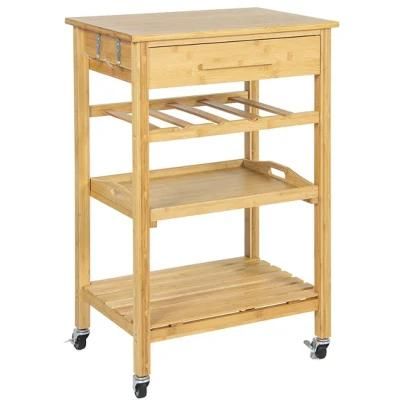Rolling Wood Kitchen Storage Cart Rack with Drawer Shelves Wine Rack