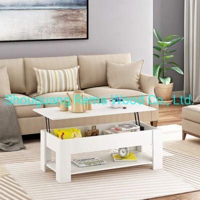 Modern White Cocktail Table Coffee Table with Hidden Compartment Storage Shelves for Living Room