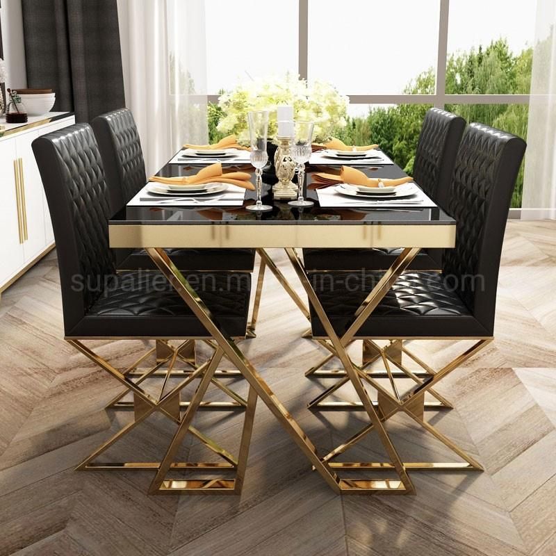 Hot Selling Dining Furniture Gold Frame Black Glass Dinner Table