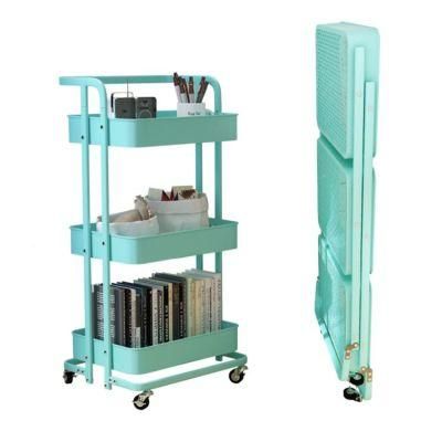 Metal Movable Three-Tier Kitchen Utensils Kitchen Carts Foldable Storage Trolley