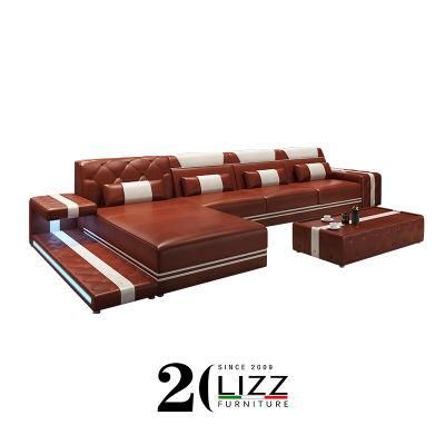 Modern Villa Living Room Genuine Leather Sectional Sofa Set with Coffee Table TV Stand