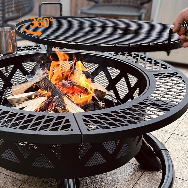 Round Wood Burning Fire Pit Table with Quick Removable Cooking Grill, Black, 32in