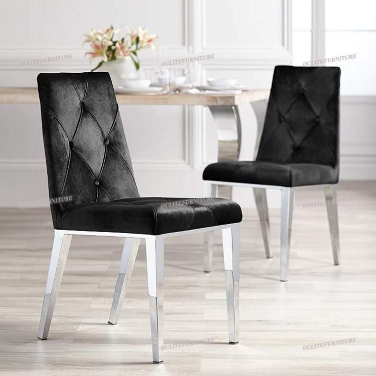 Button Back Blue Velvet Dining Chair with Metal Chrome Legs