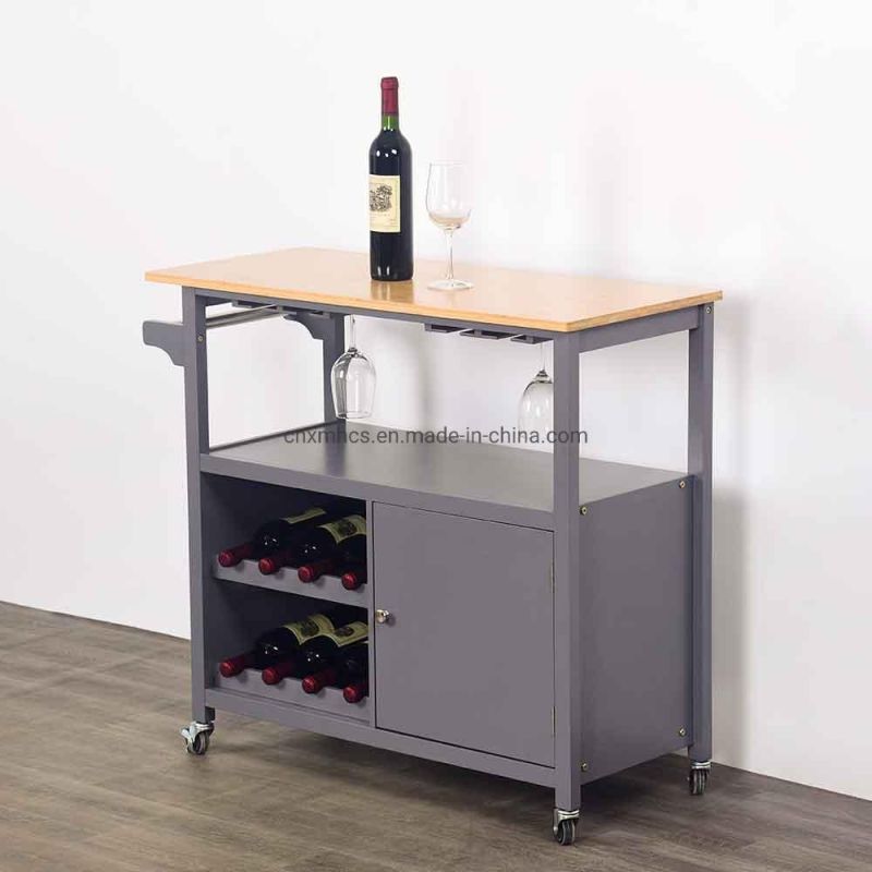 Bamboo Kitchen Island Cart, Small Rolling Island with Open Storage Shelf and Door, Wooden Trolley, Storage Cabinet, Home Wine Rack