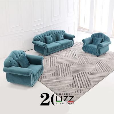 Chinese Modern Style Home Furniture Set Sectional Luxury Living Room Velvet Couch Leisure Grey Fabric Sofa with Tufted Buttons
