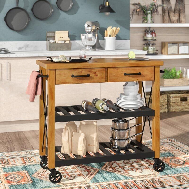 American Home Styles All Solid Wood Rolling Kitchen Cart with 2-Drawer