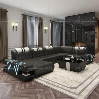 European Modern LED U Shape Leisure Geniue Leather Sofa with Adjustable Headrest for Home Living Room Furniture