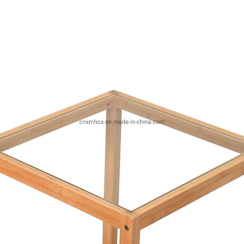 Square Glass Side Table Bamboo End Tables with Storage Shelf Snack Coffee Table/ Living Room/Office/Bed Room