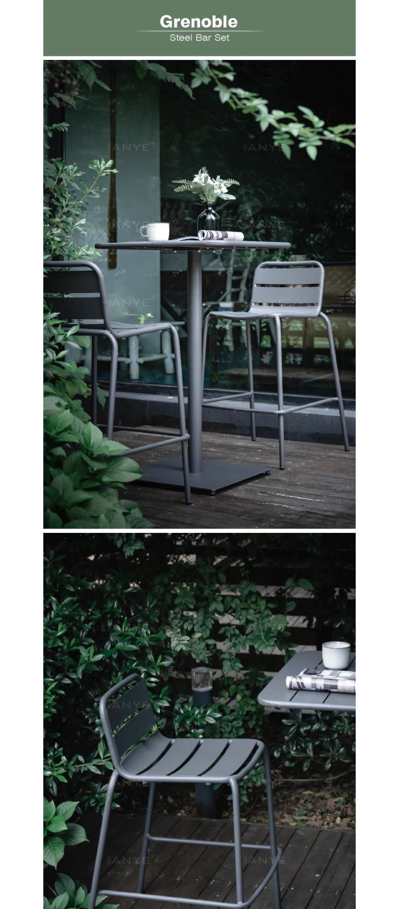 Modern Club Furniture Dark Grey Steel Bistro High Table and Chair Outdoor Bar Furniture