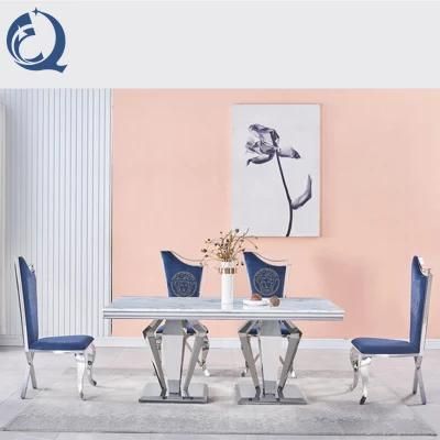Modern Dining Room Furniture Marble Top Dining Table Mirrored Silver Stainless Steel Frame Dining Table and Chair Set