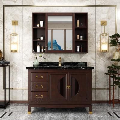 Retro Floor Mounted Ceramic Wash Basin Sink Bathroom Furniture Mirror Cabinet Wood Vanity Cabinet with Ceramic Sink and Marble Top
