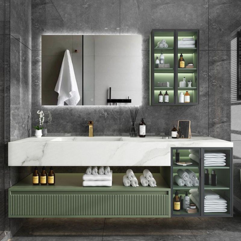 Luxury Bathroom Cabinet Furniture New Design Plywood with Painting Waterproof Bathroom Vanity Cabinets with LED Mirror Cabinet with Rock Plate Basin