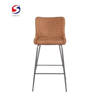 Home Bar Furniture Brown PU Leather Seat Dining Chair with Stool Metal Leg Matt Painting