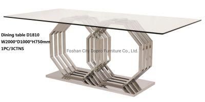 Dopro New Design Octagonal Pillar Stainless Steel Polished Silver Dining Table D1810 with Clear Tempered Glass