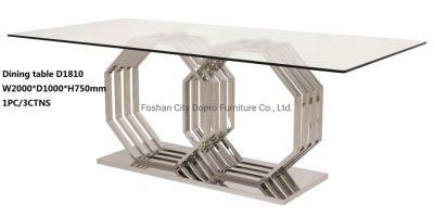 Dopro New Design Octagonal Pillar Stainless Steel Polished Silver Dining Table D1810 with Clear Tempered Glass