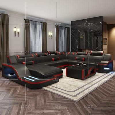 Modular European LED Design Home Furniture Contemporary Living Room Adjustable Headrest Genuine Leather Sofa