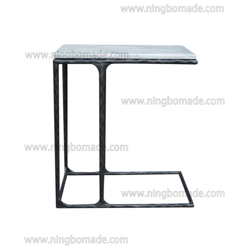 Thaddeus Sculptural Forged Collection Cloud Marble Top Antique Black Solid Metal Base Sofa Table