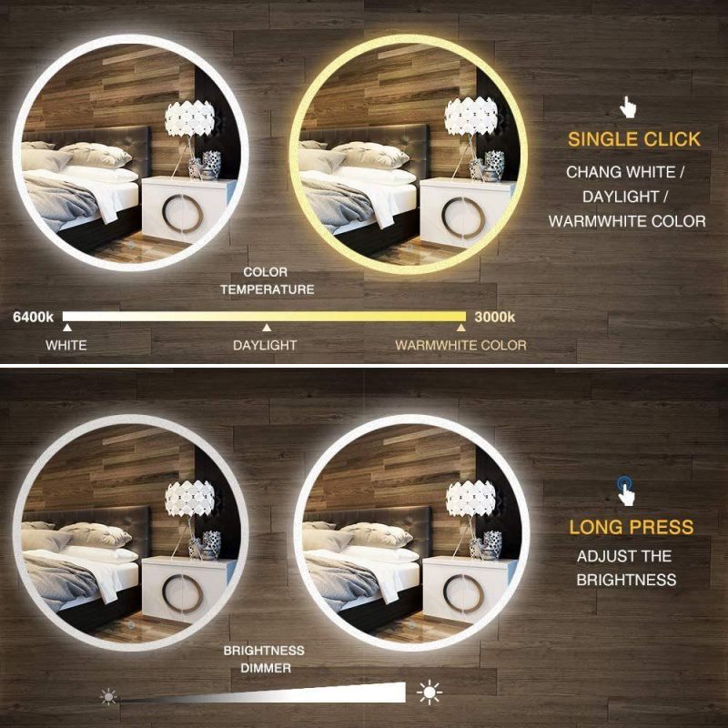 Round Bathroom LED Cold Warm Lighting Mirror with Anti-Fog Function Wall Mounted Backlit Dimmable Touch Button Makeup Vanity Cosmetic Mirror